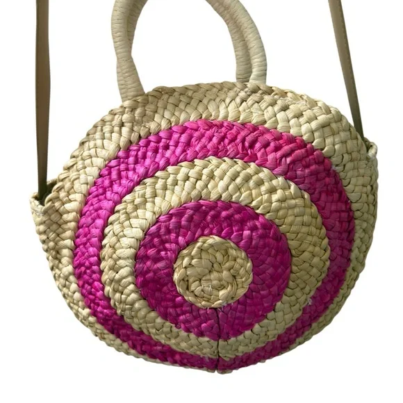 Unbranded Corn Husk Circle Beach Tote Pink Pom Poms 47 inch Leather Strap Boho - Picture 2 of 9